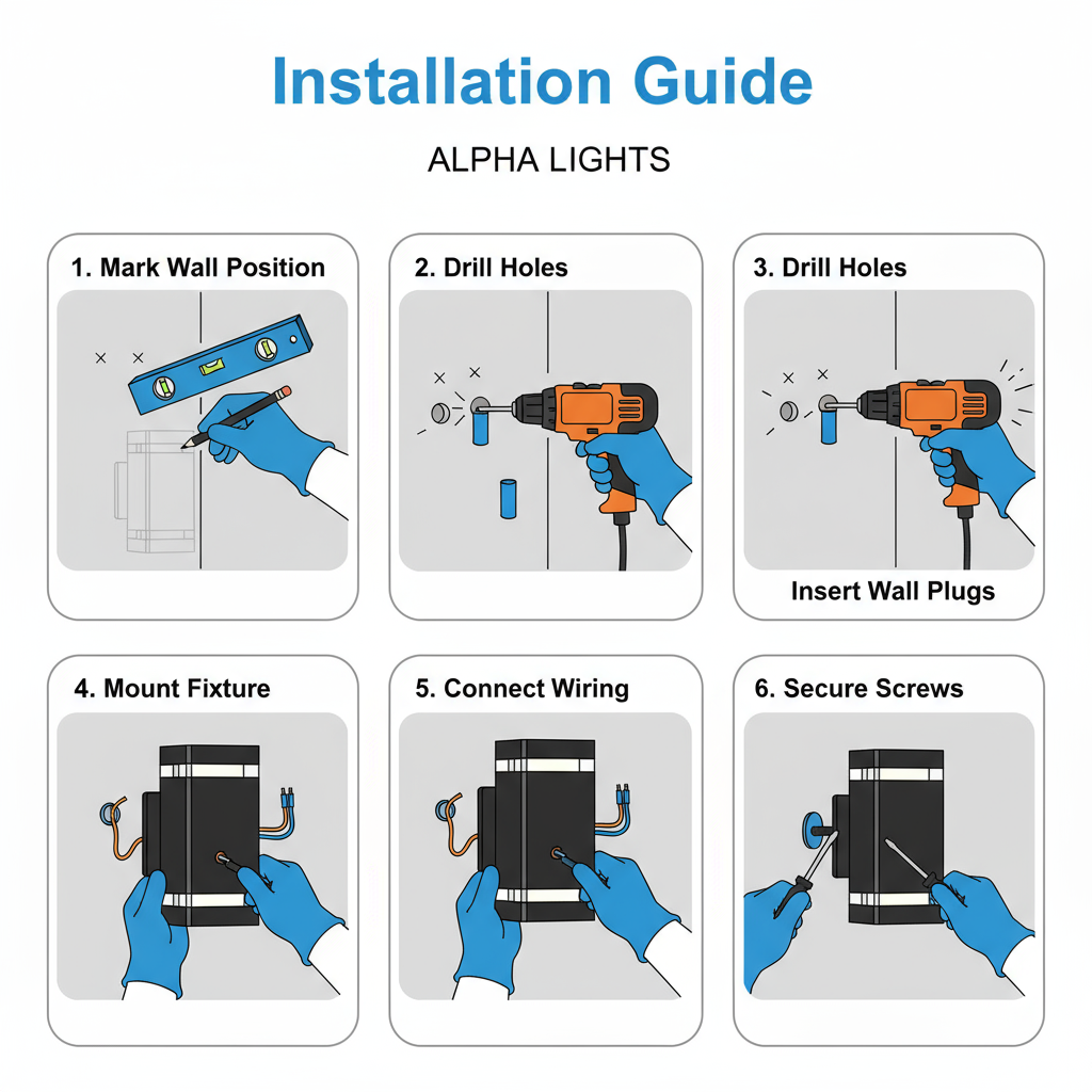 Step-by-step installation guide for Alpha Lights with illustrations of tools and hands.