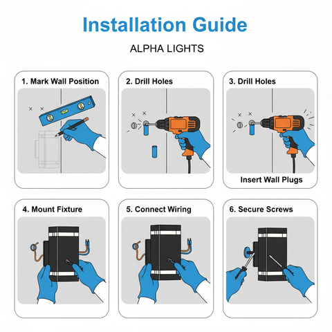 Step-by-step installation guide for Alpha Lights with illustrations of tools and hands.