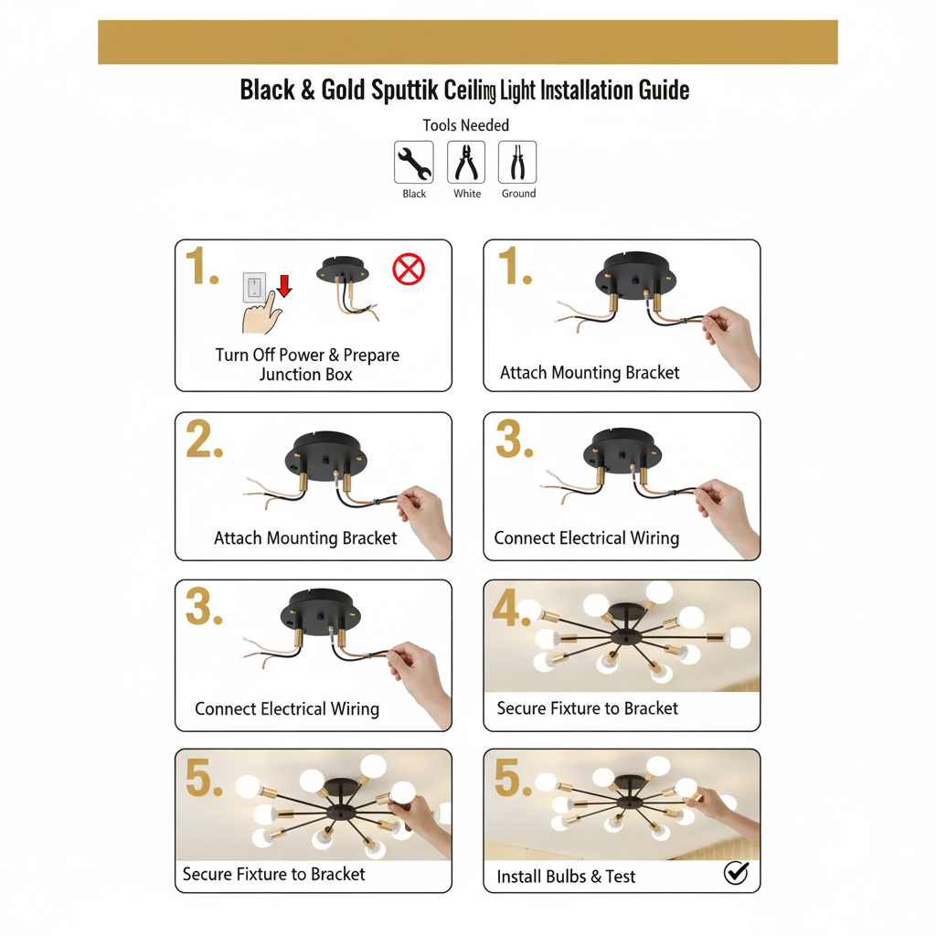 Step-by-step installation guide for a Black & Gold Sputnik ceiling light.