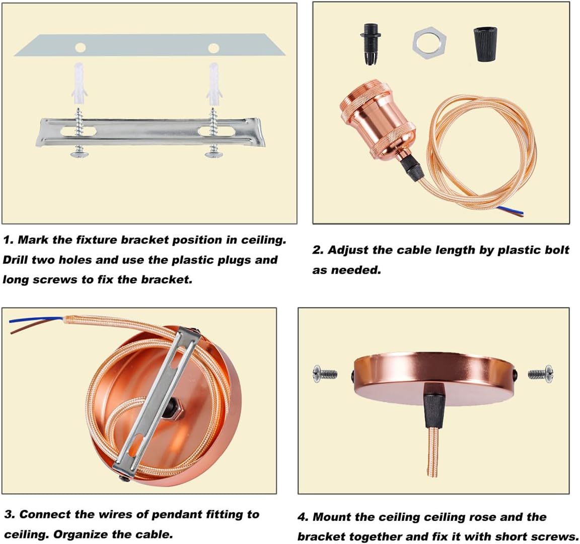 Step-by-step installation guide for a ceiling fixture with copper wiring on a beige background.