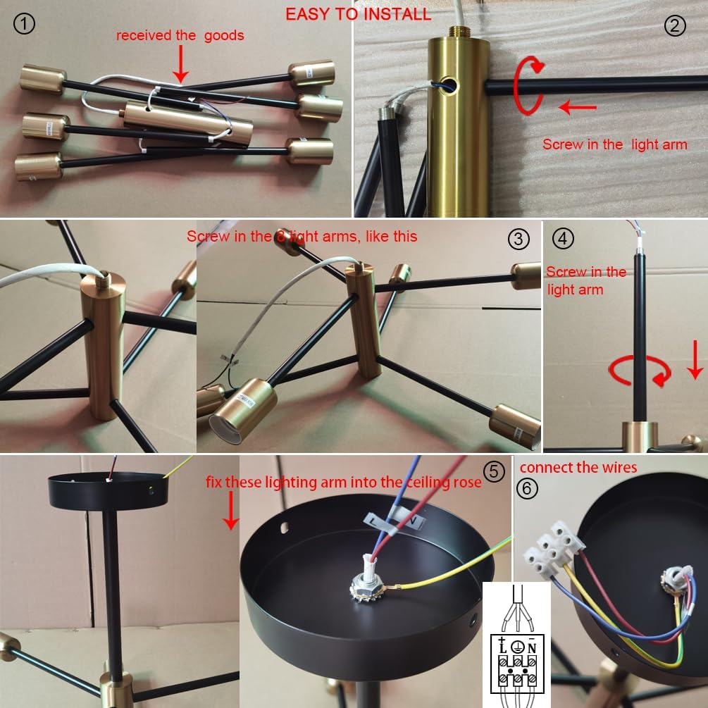Step-by-step installation guide for a ceiling light fixture with labeled arrows and text.