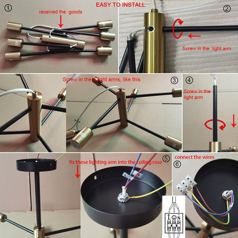 Step-by-step installation guide for a ceiling light fixture with labeled arrows and text.