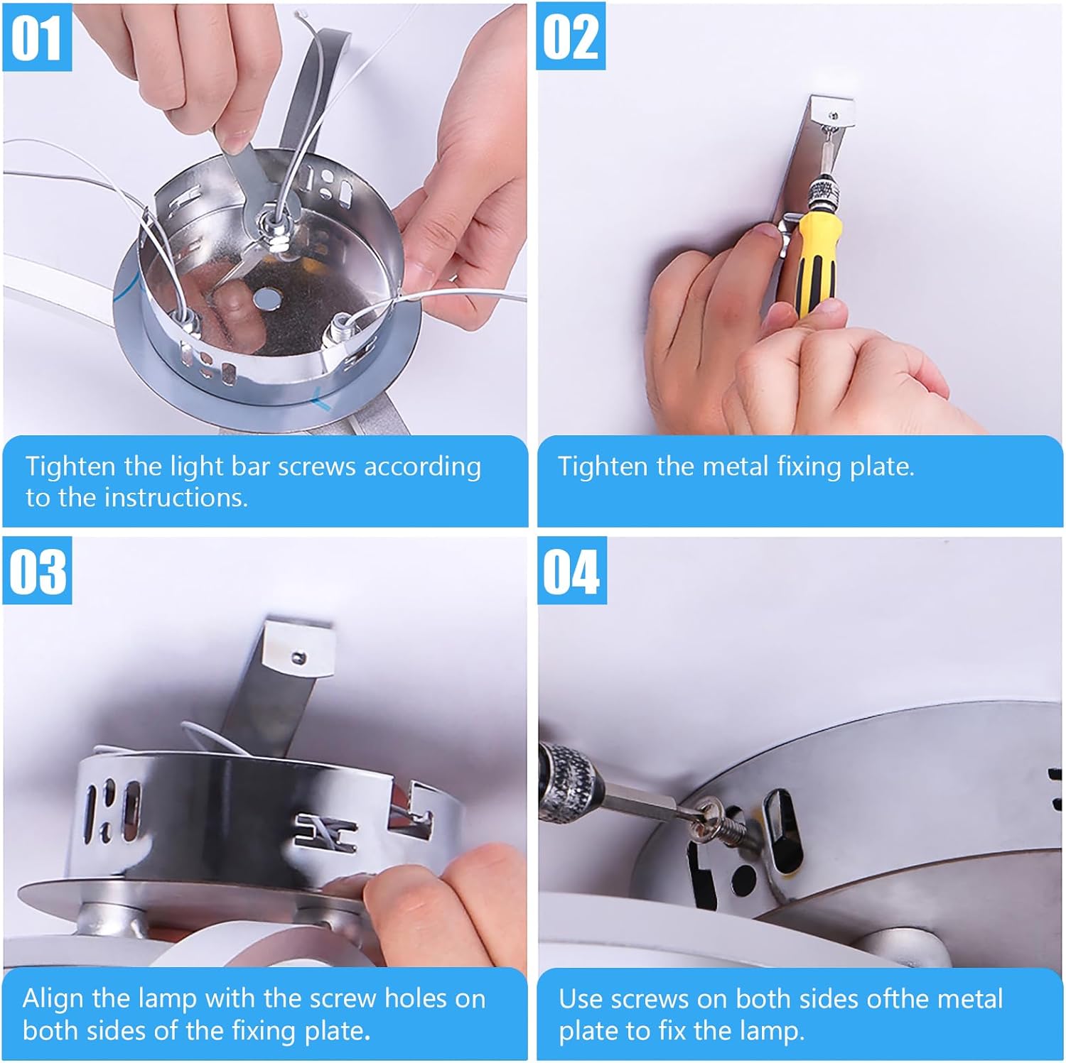 Step-by-step installation guide for a ceiling light fixture with text instructions.