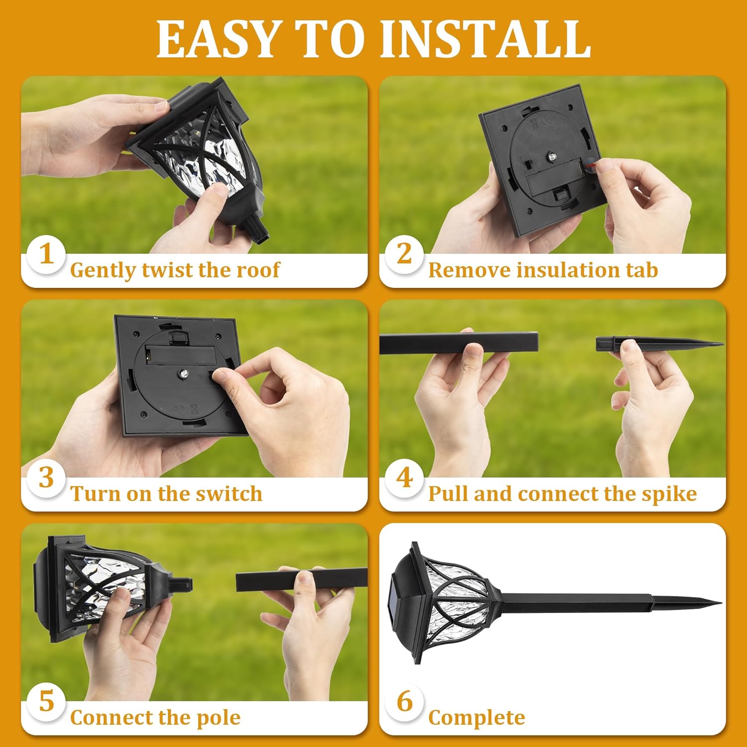 Step-by-step installation guide for a device with hands performing each action on a grassy background.