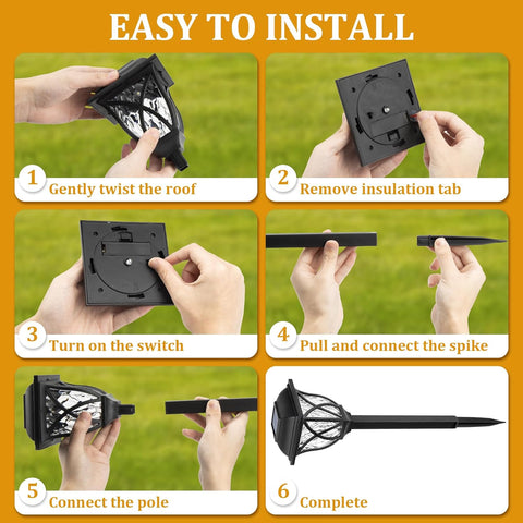 Step-by-step installation guide for a device with hands performing each action on a grassy background.