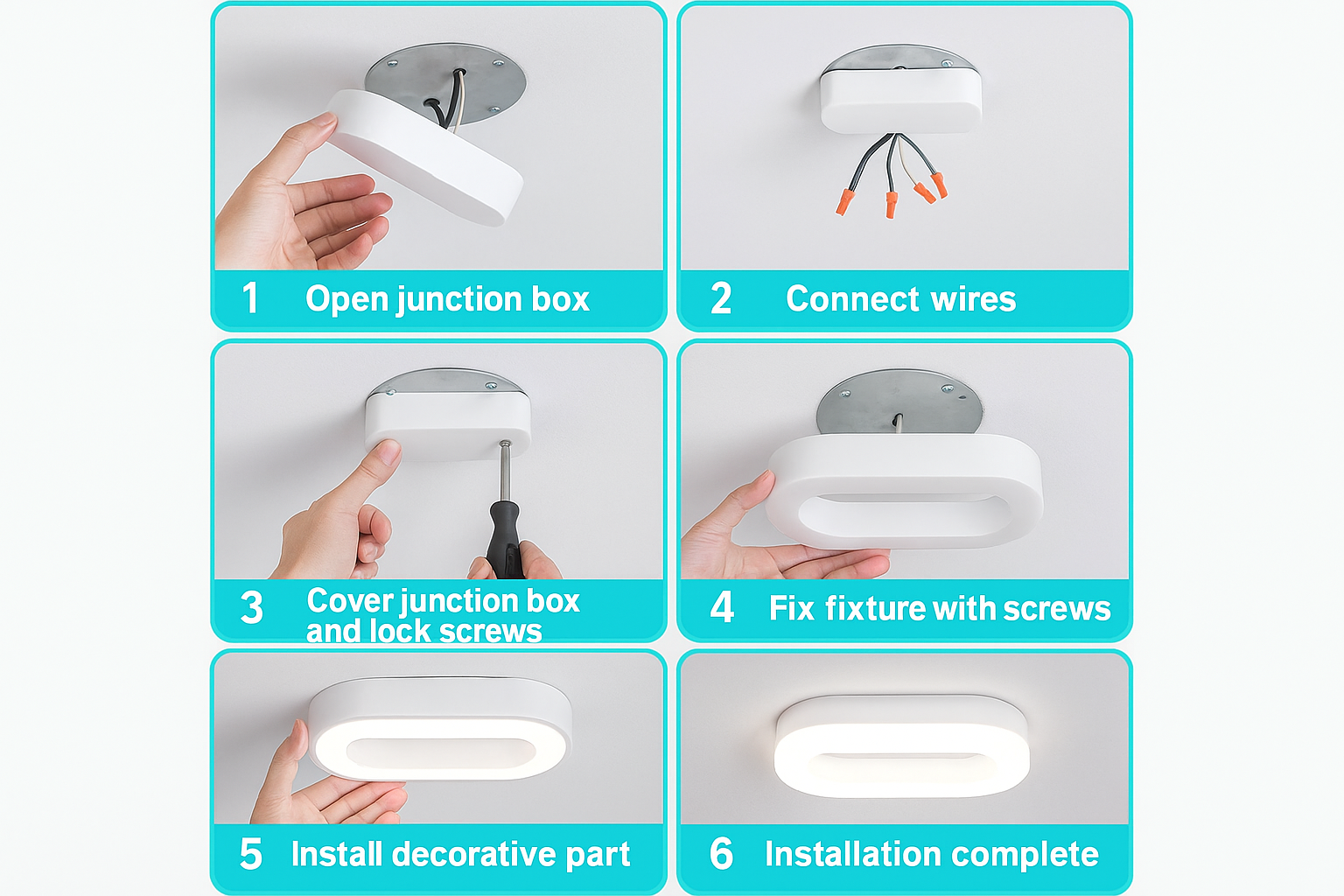 Step-by-step installation guide for a light fixture with text labels on a white background.