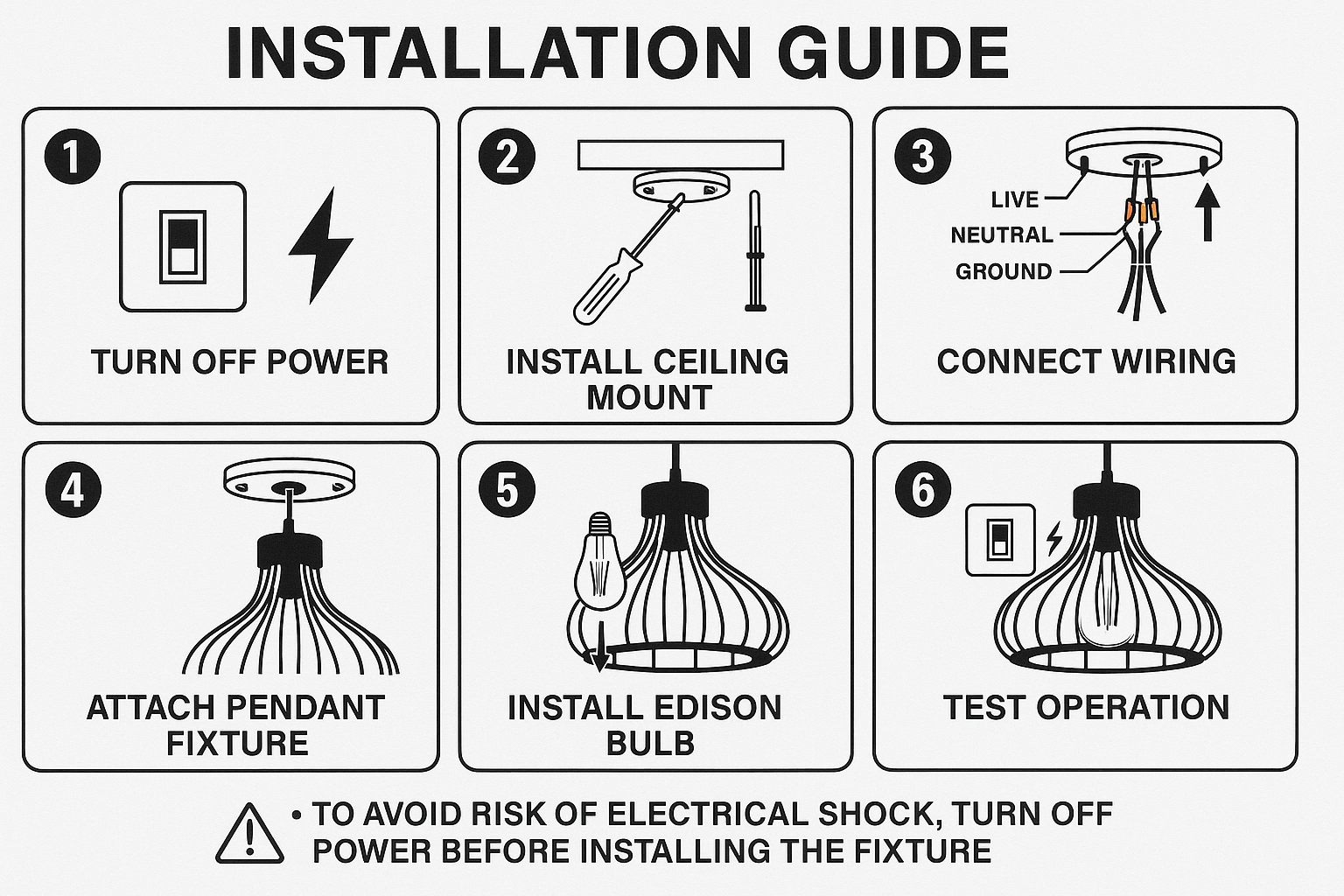 Step-by-step installation guide for a pendant light fixture with icons and text.