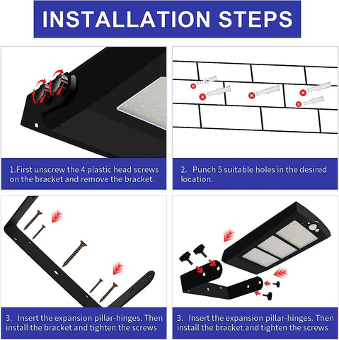 Step-by-step installation guide for a solar light fixture with illustrations and text.