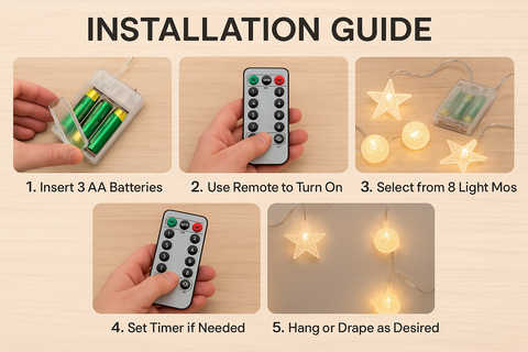 Step-by-step installation guide for a string light set with batteries and remote control.