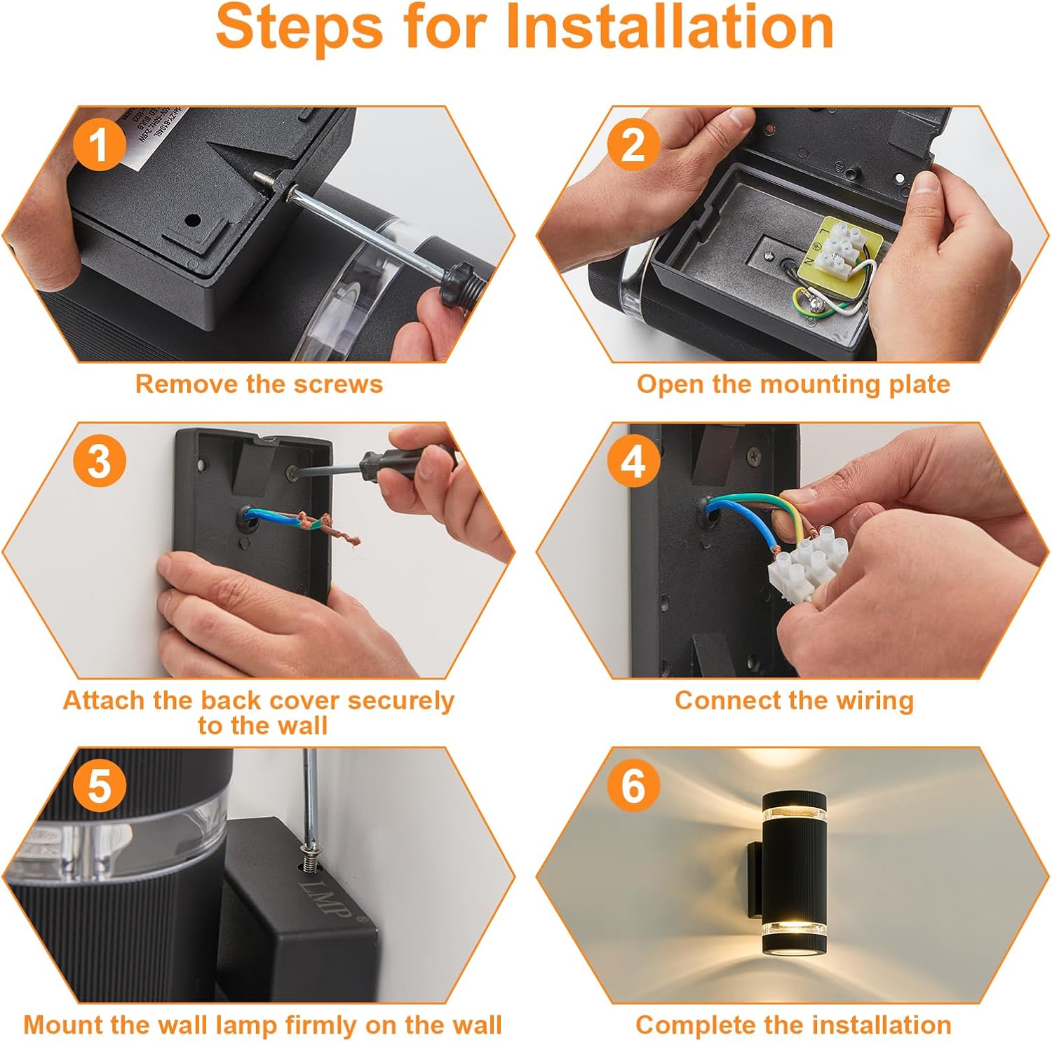 Step-by-step installation guide for a wall-mounted light fixture.