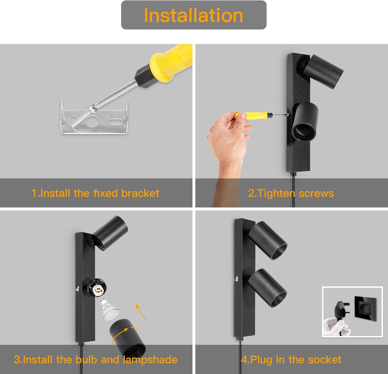 Step-by-step installation guide for a wall-mounted light fixture on a gray background.