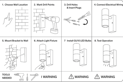 Step-by-step installation guide for a wall-mounted light fixture with illustrations and text.
