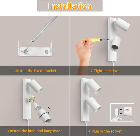 Step-by-step installation guide for a wall-mounted light fixture with text labels.