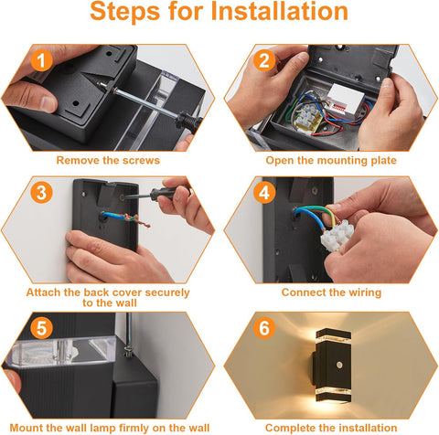 Step-by-step installation guide for a wall lamp with numbered instructions.