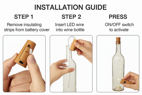 Step-by-step installation guide for a wine bottle LED light.