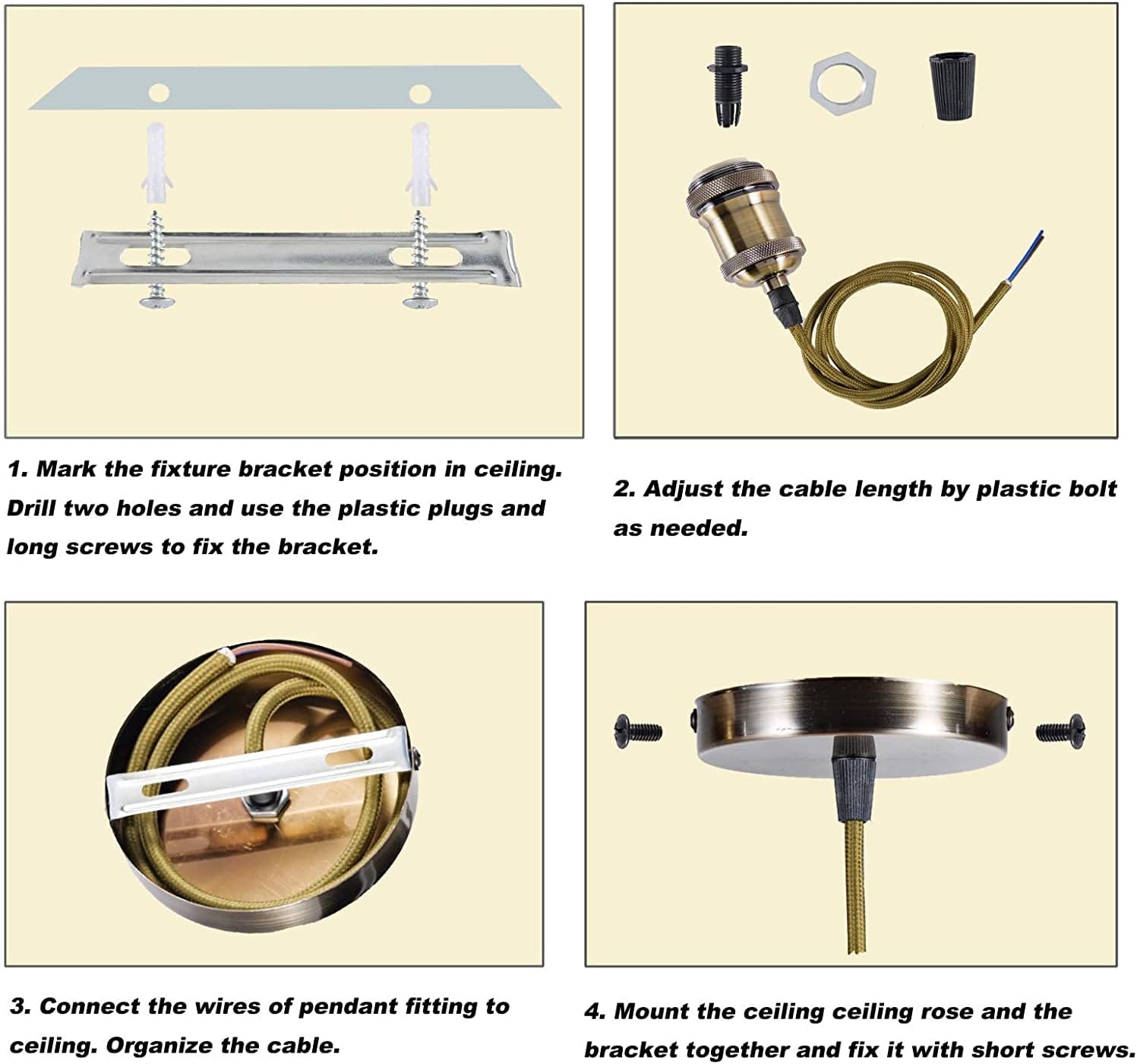Step-by-step installation guide for ceiling light fixture with illustrations and text.
