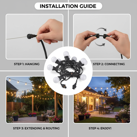 Step-by-step installation guide for outdoor string lights with hands performing tasks and final result.