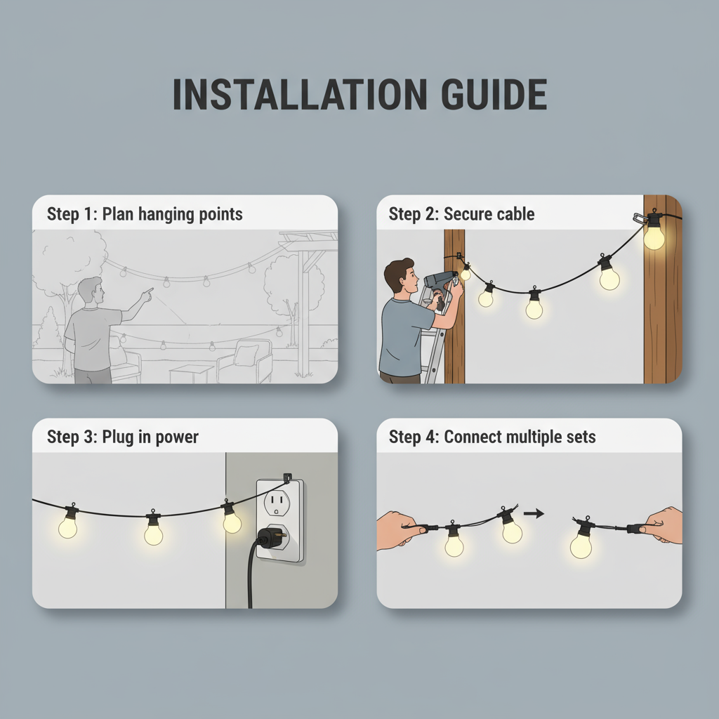 Step-by-step installation guide for string lights on a gray background