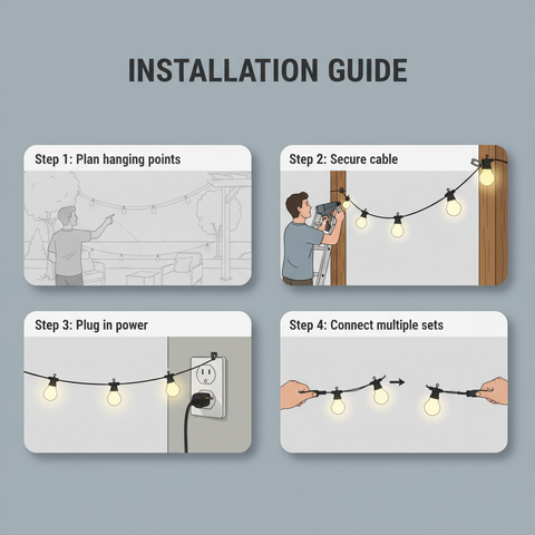 Step-by-step installation guide for string lights on a gray background