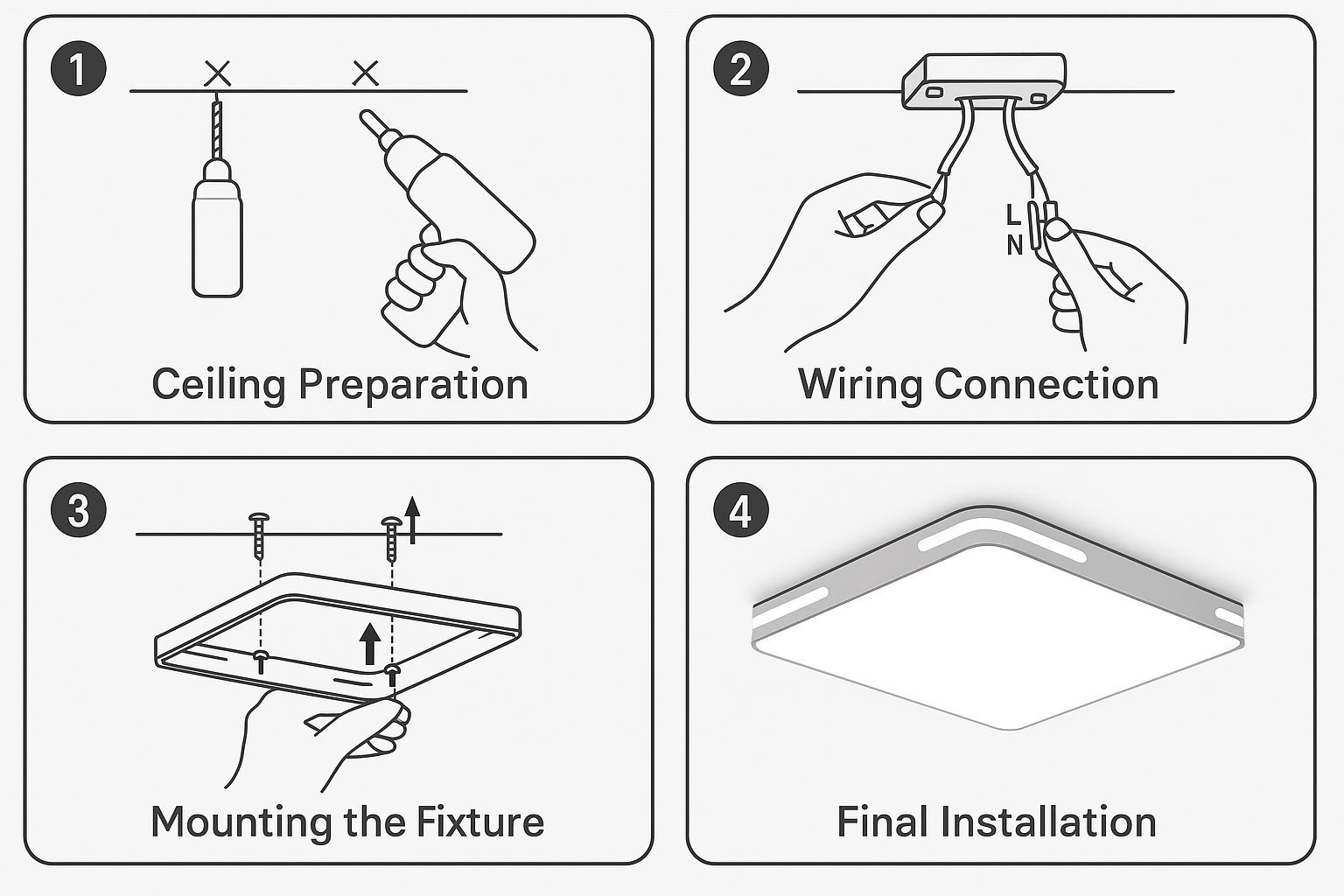 Step-by-step installation instructions for a ceiling fixture.