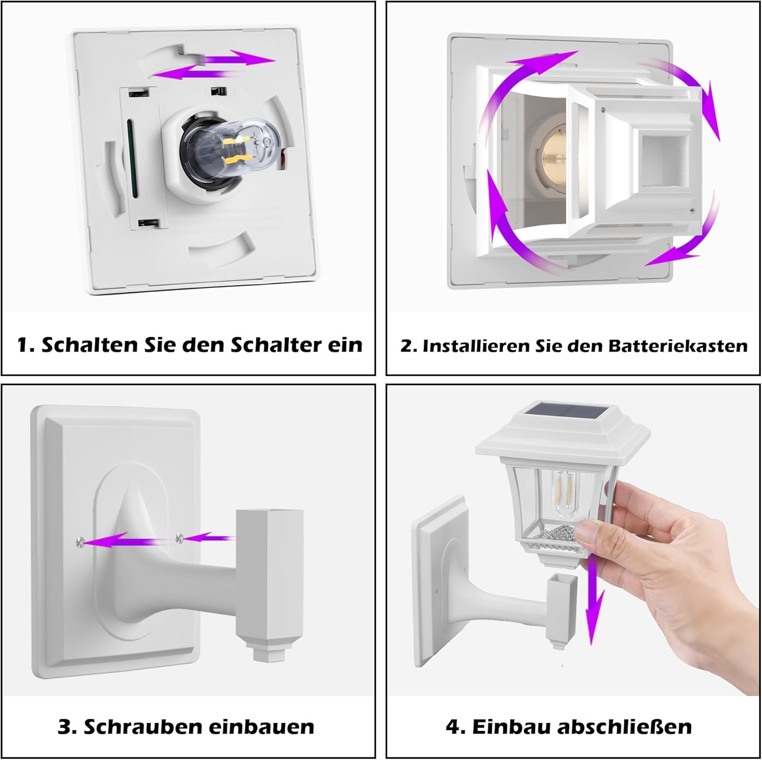 Step-by-step installation instructions for a solar light fixture on a white background.