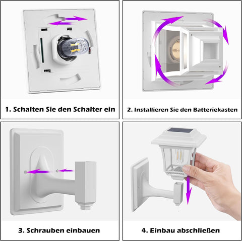 Step-by-step installation instructions for a solar light fixture on a white background.