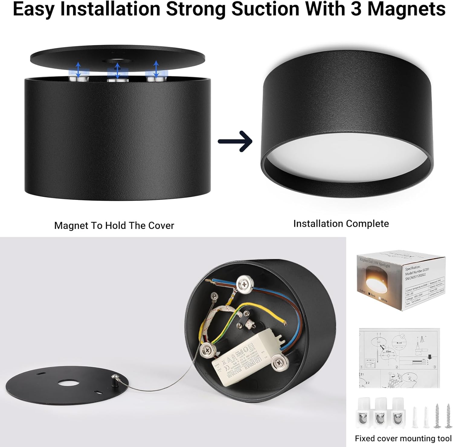 Step-by-step installation process of a black ceiling light fixture with magnets.
