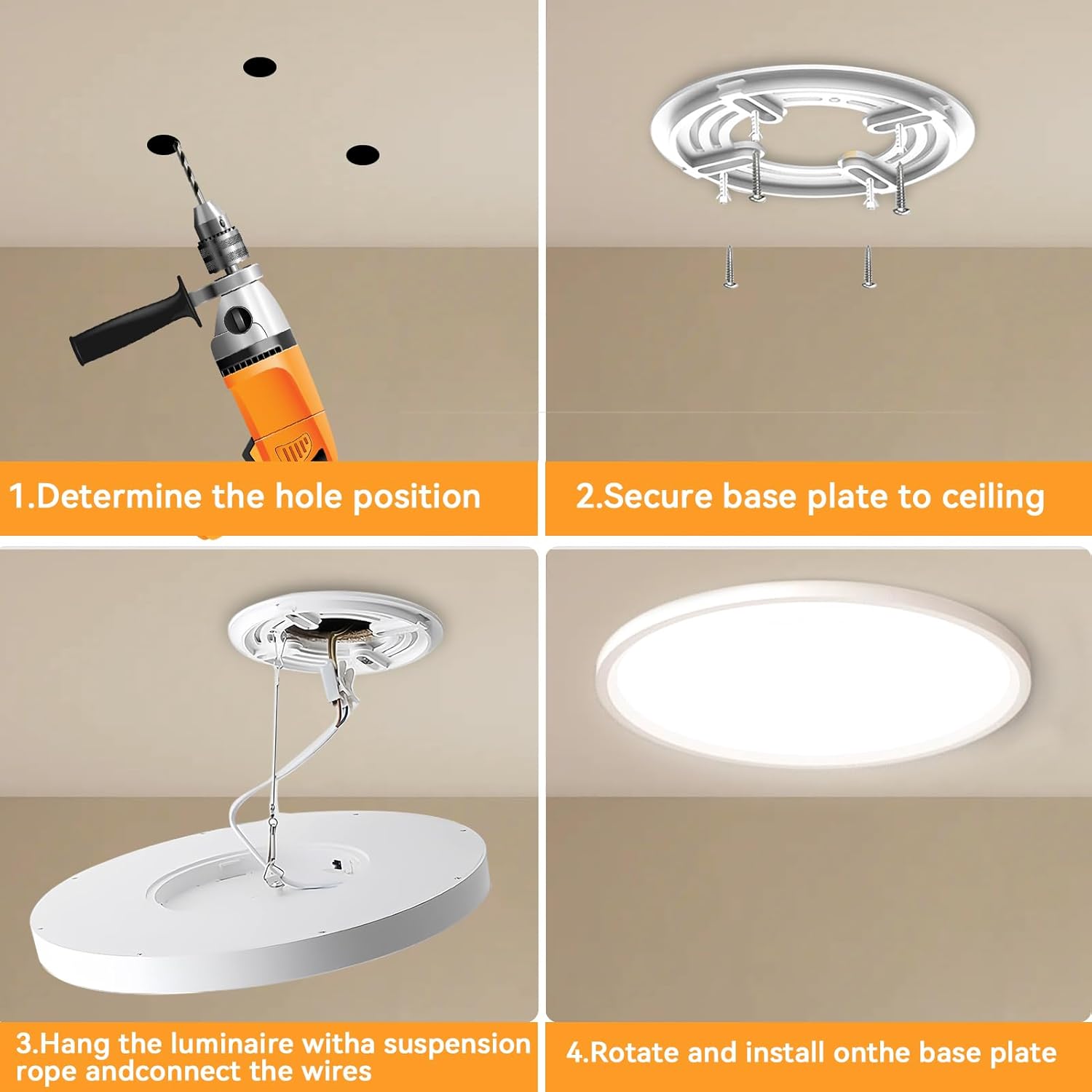 Step-by-step installation process of a ceiling light fixture with tools and hardware.