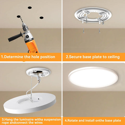 Step-by-step installation process of a ceiling light fixture with tools and hardware.