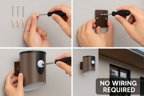 Step-by-step installation process of a wall-mounted light fixture with text 'No Wiring Required'.