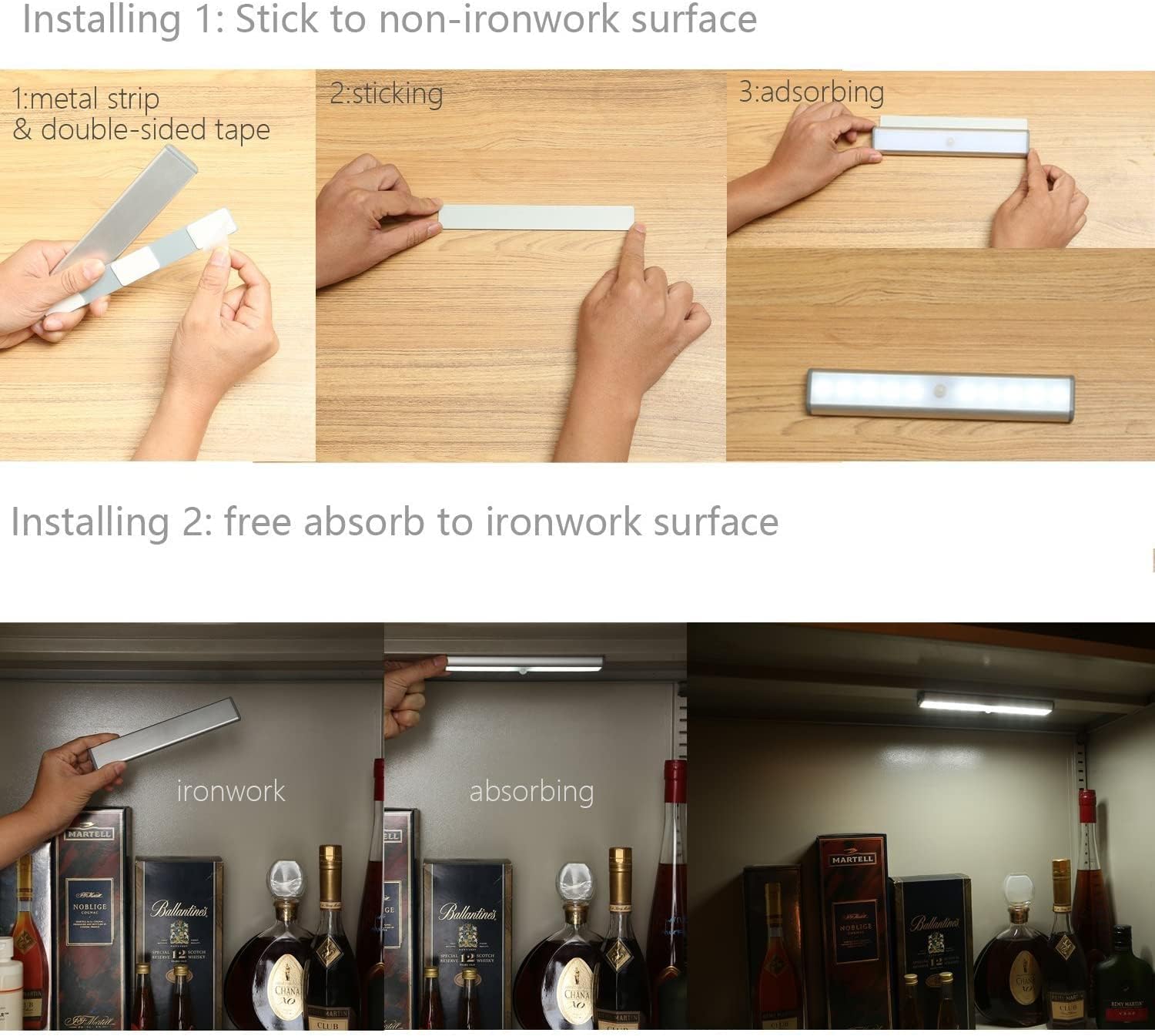 Step-by-step installation process on a wooden surface with close-up shots of hands and product.