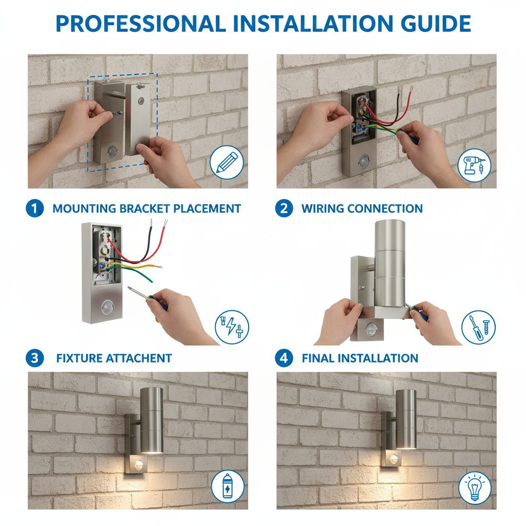 Step-by-step professional installation guide for an outdoor light fixture on a brick wall.