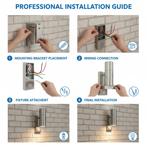 Step-by-step professional installation guide for an outdoor light fixture on a brick wall.