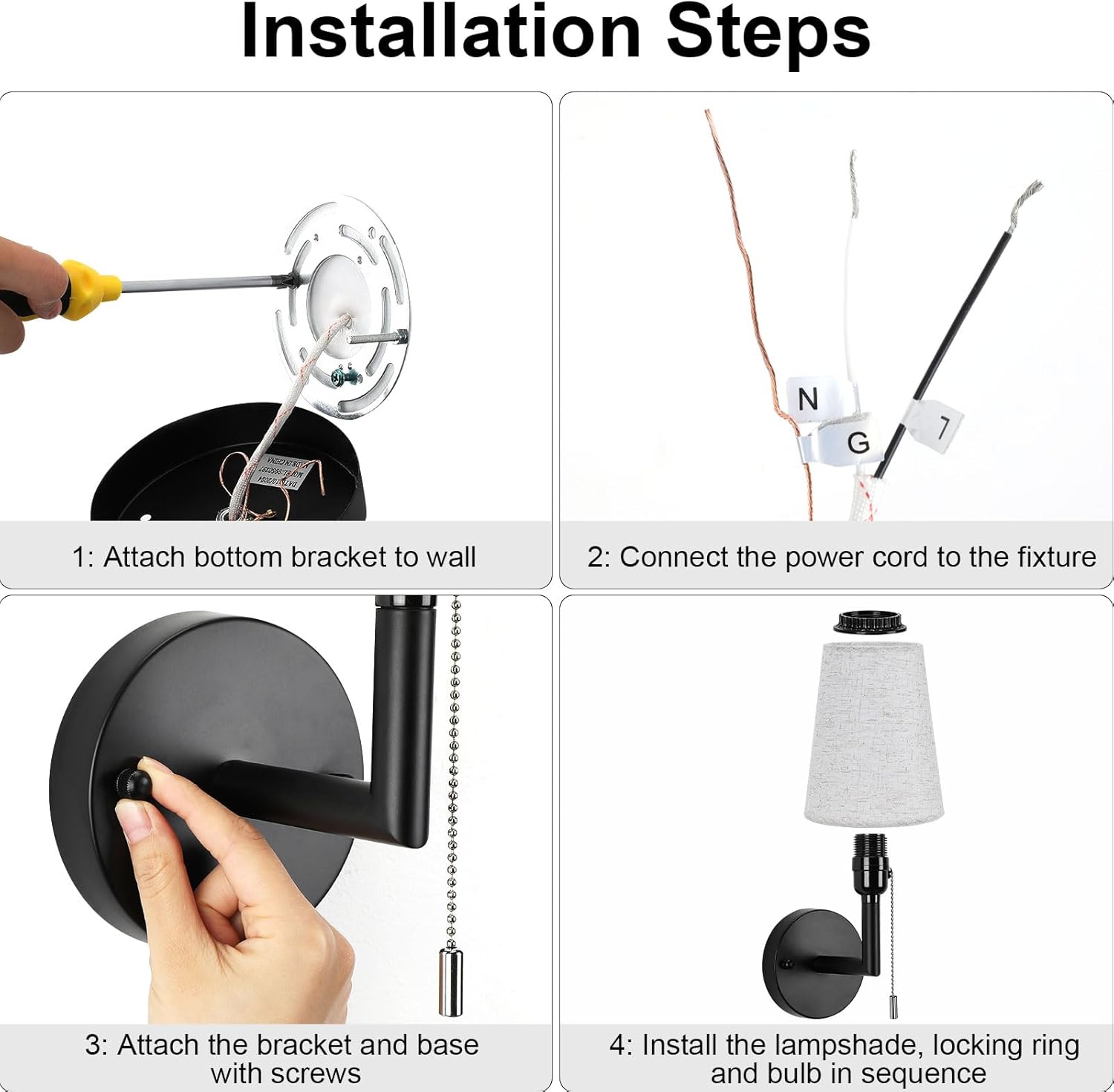 Step-by-step installation guide for a wall-mounted light fixture.