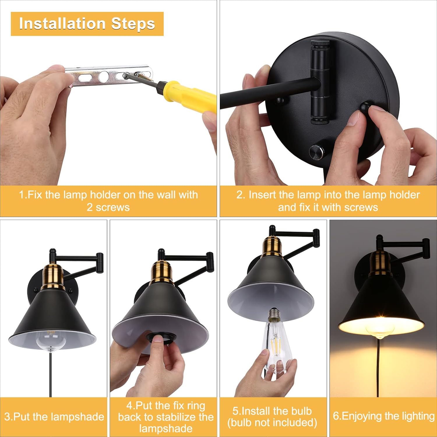 Step-by-step installation guide for a wall-mounted light fixture.
