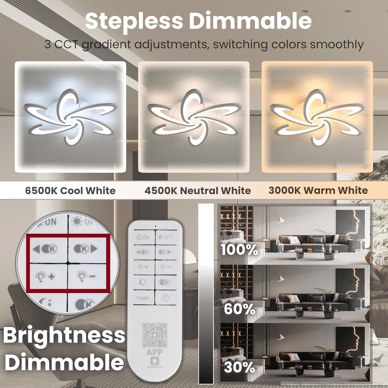 Stepless dimmable light fixture with color temperature and brightness controls in a modern interior setting.