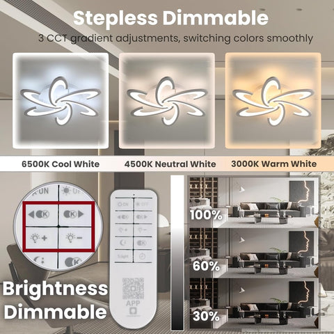 Stepless dimmable light fixture with color temperature and brightness controls in a modern interior setting.