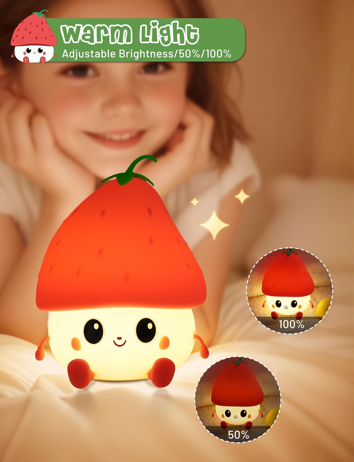 Strawberry-shaped night light with adjustable brightness on a soft surface.
