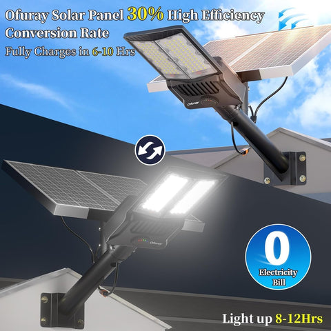 Street light with features highlighted, including remote control distance, lighting angle, and waterproof rating, set against a nighttime outdoor scene.