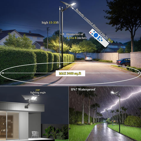Street light with features highlighted, including remote control distance, lighting angle, and waterproof rating, set against a nighttime outdoor scene.