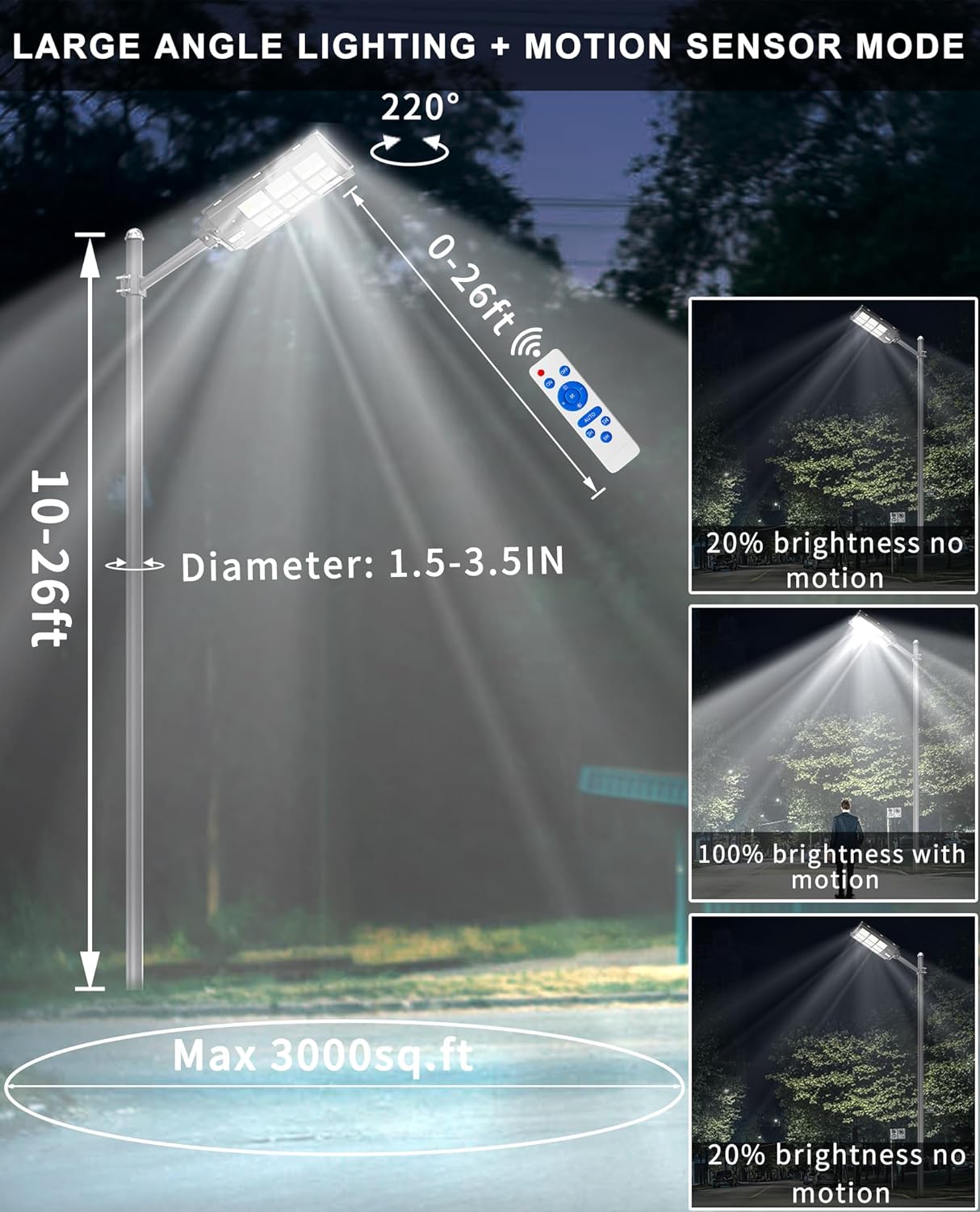 Street light with large angle lighting and motion sensor mode features, showing light spread and brightness levels.