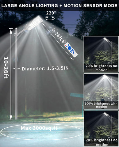 Street light with large angle lighting and motion sensor mode features, showing light spread and brightness levels.