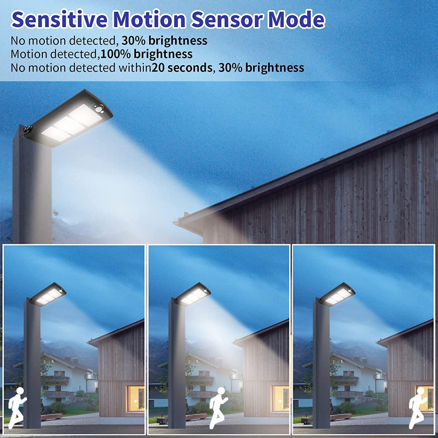 Street light with motion sensor mode display and night-time usage scenario.