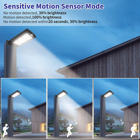 Street light with motion sensor mode display and night-time usage scenario.