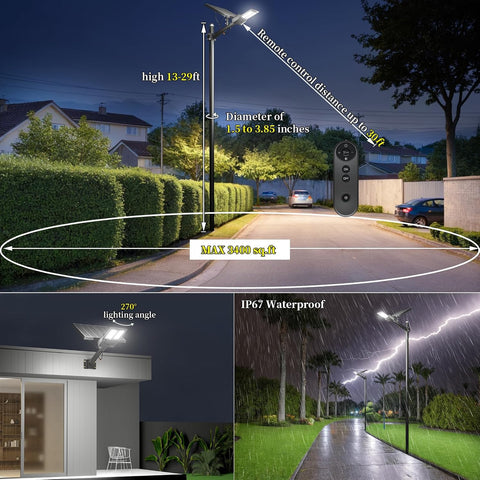 Street light with remote control, highlighting features like height, diameter, and waterproof rating, with a night scene and rain test shown.