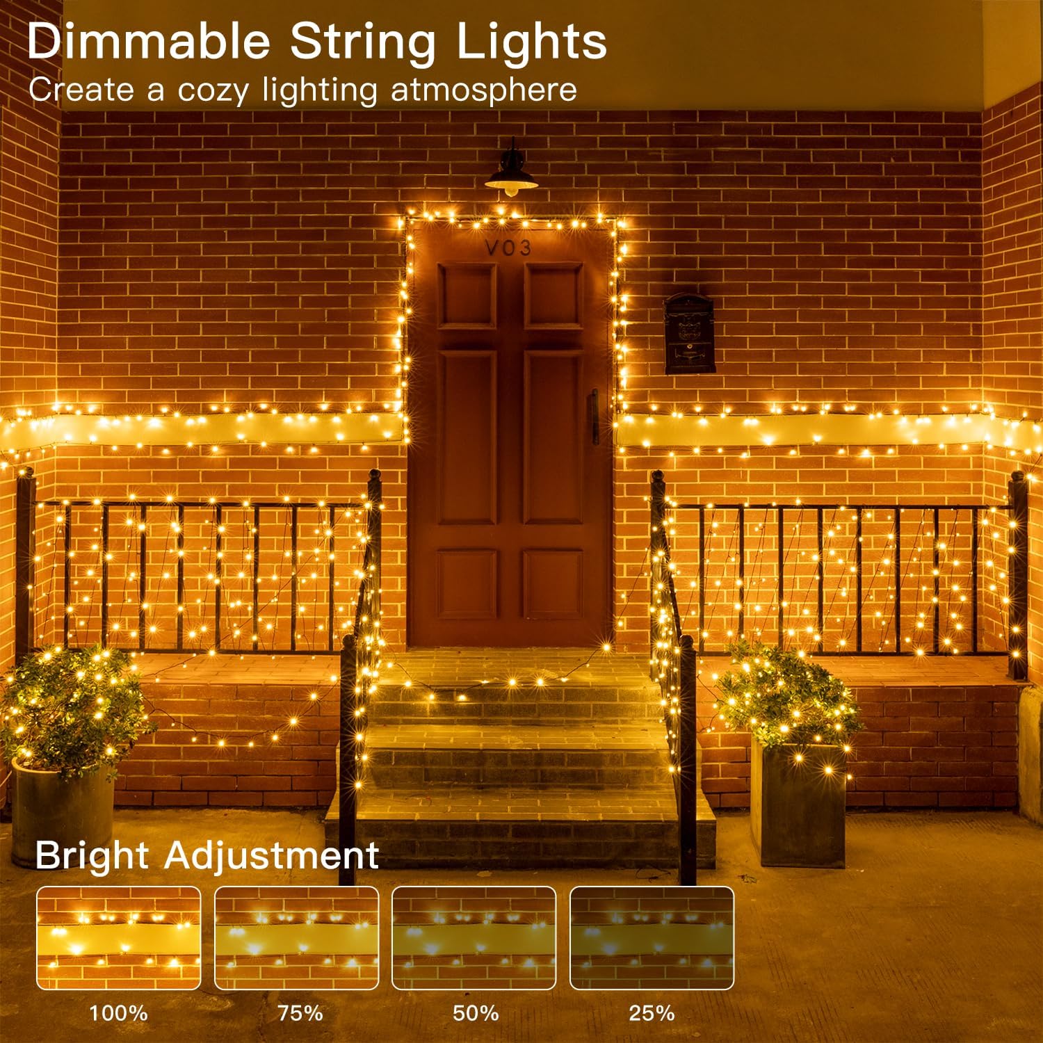 String lights decorating a brick building entrance with dimmable options displayed.