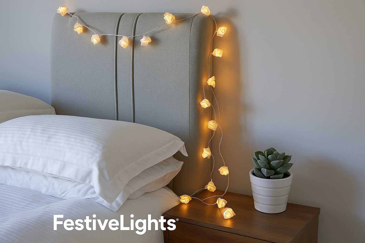 String lights draped over a bed and nightstand with a potted plant, featuring 'FestiveLights' branding.