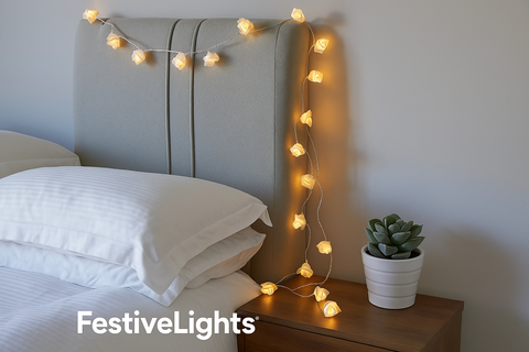 String lights draped over a bed and nightstand with a potted plant, featuring 'FestiveLights' branding.