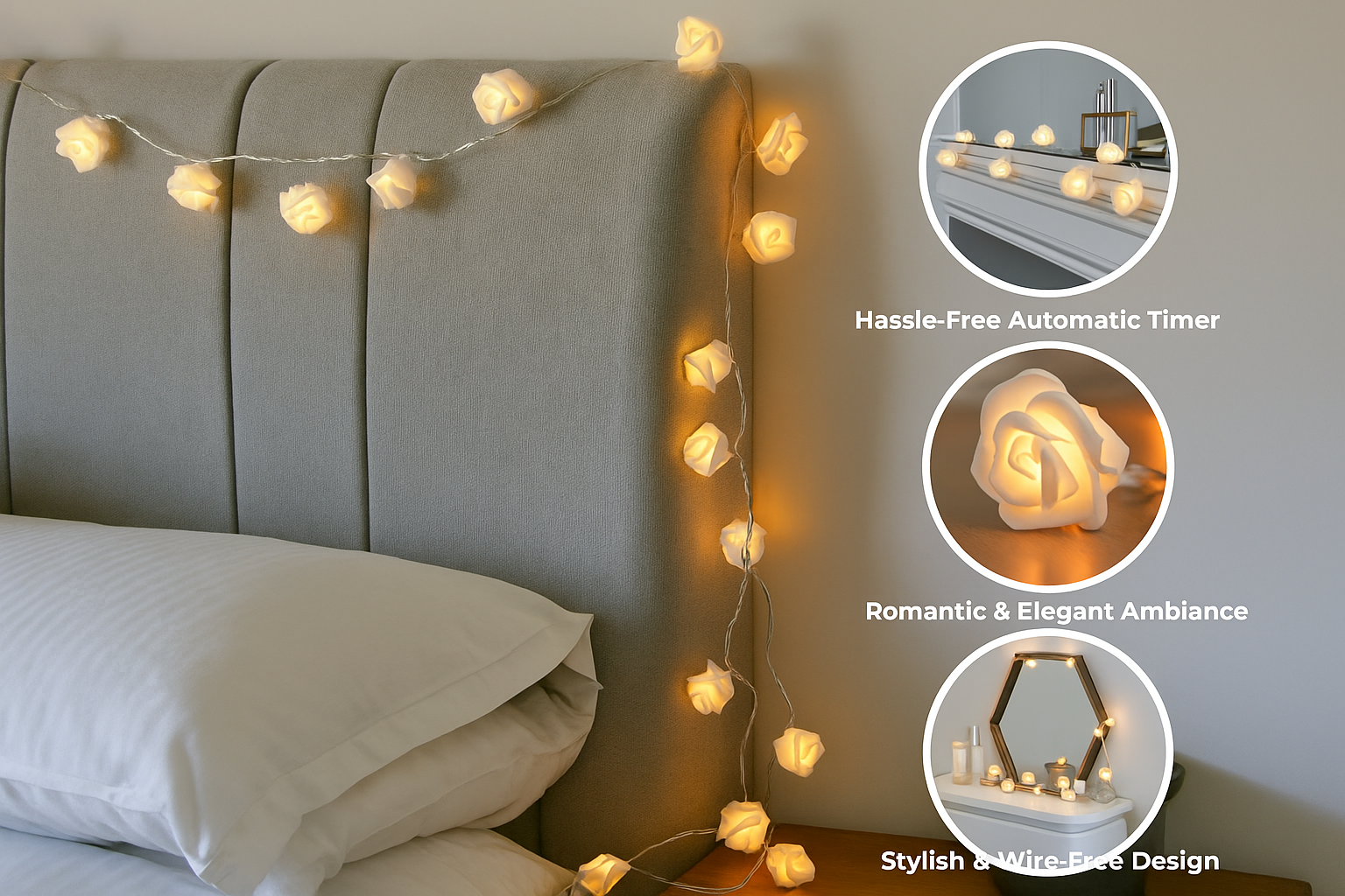 String lights draped over a headboard with close-up insets highlighting features.