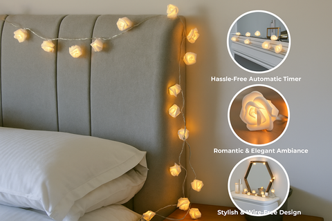 String lights draped over a headboard with close-up insets highlighting features.